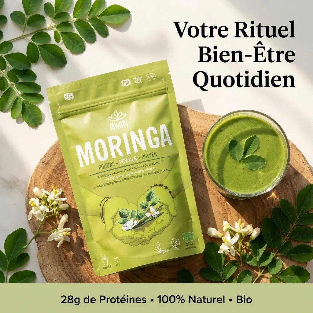 Poudre de Moringa Iswari 125g avec feuilles fraîches et smoothie vert bio naturel