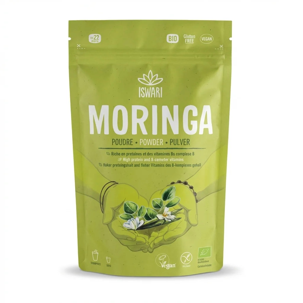 Poudre de Moringa Iswari 125g, sachet vert vif avec badges Bio et Vegan
