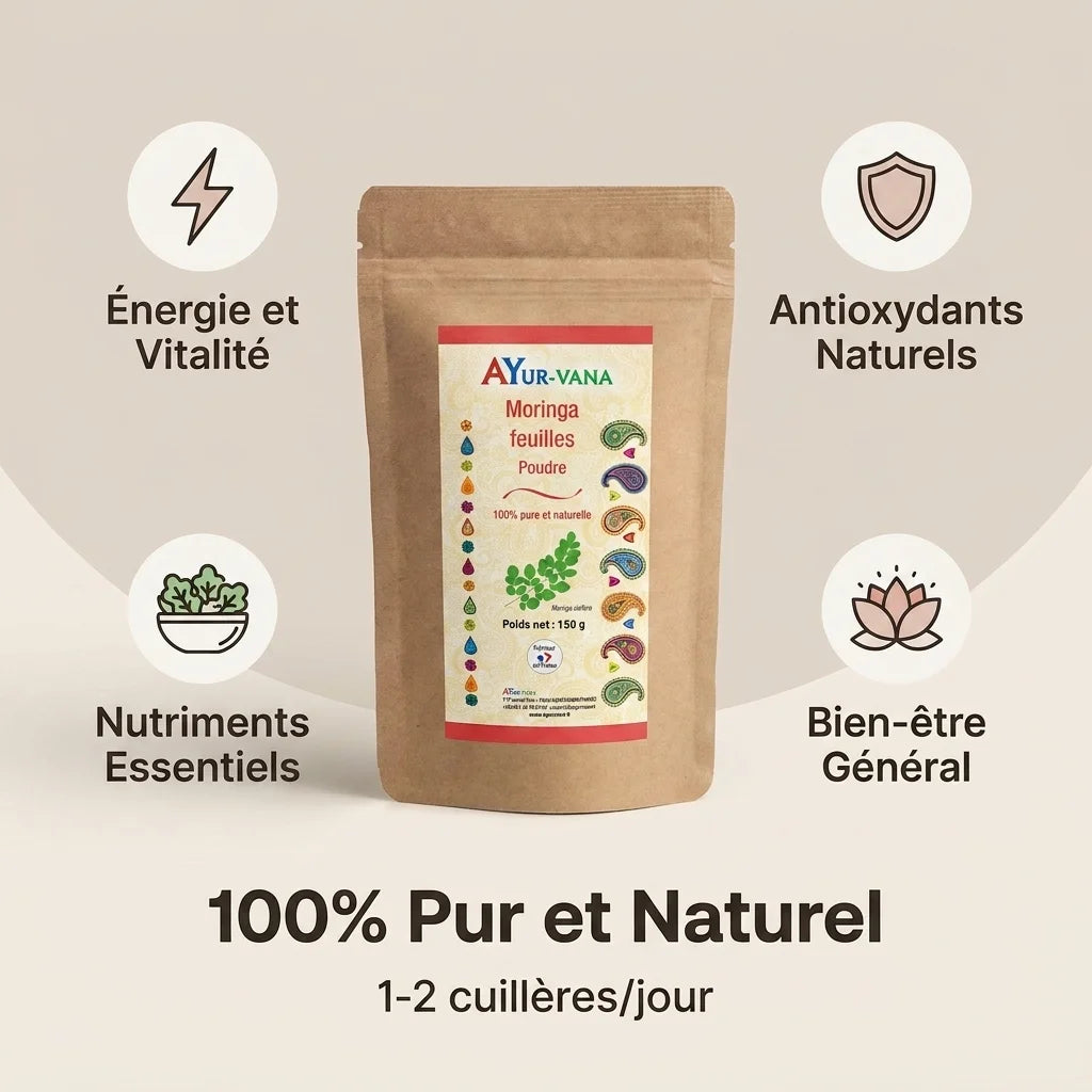 Moringa en poudre Ayur-vana 150g avec infographie des bénéfices santé et conseils d'utilisation