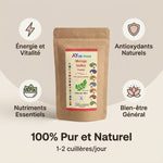 Moringa en poudre Ayur-vana 150g avec infographie des bénéfices santé et conseils d'utilisation