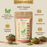 Poudre Moringa Ayur-vana 150g avec composition nutritionnelle : fer, vitamines B, antioxydants et protéines