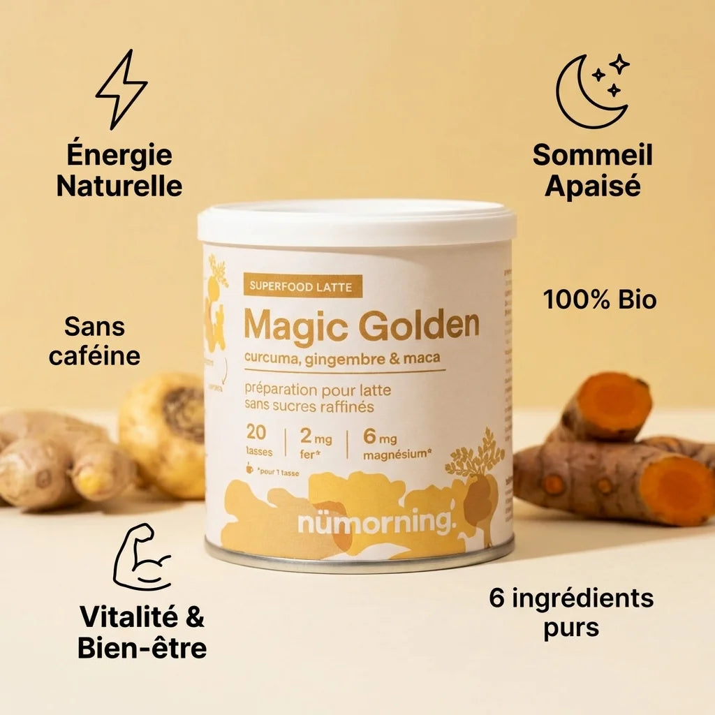 nüMorning Magic Golden Latte bio maca curcuma gingembre 125g avec bénéfices énergie sommeil vitalité