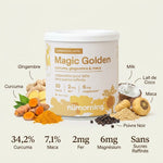 Latte doré bio nüMorning avec curcuma, maca et gingembre sur fond blanc avec ingrédients naturels