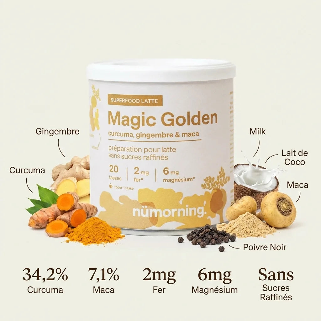 Latte doré bio nüMorning avec curcuma, maca et gingembre sur fond blanc avec ingrédients naturels
