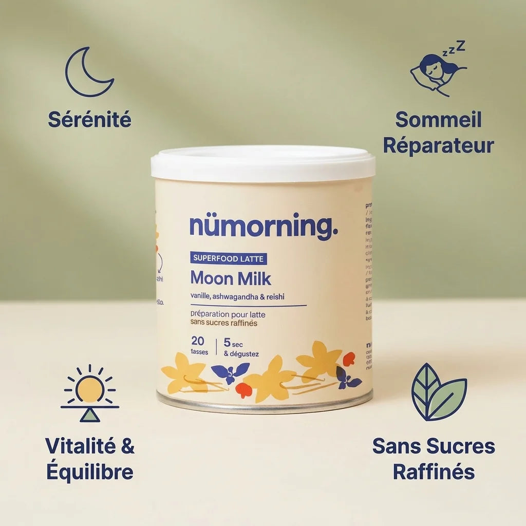 Pot Moon Milk Bio Vanille Ashwagandha Reishi nüMorning avec icônes sérénité et sommeil réparateur