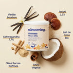 Pot Moon Milk Bio nüMorning vanille ashwagandha reishi avec ingrédients naturels sur fond blanc premium