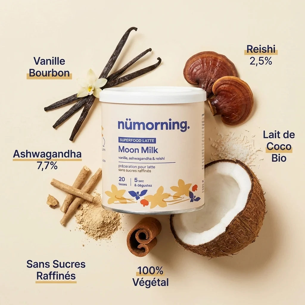 Pot Moon Milk Bio nüMorning vanille ashwagandha reishi avec ingrédients naturels sur fond blanc premium