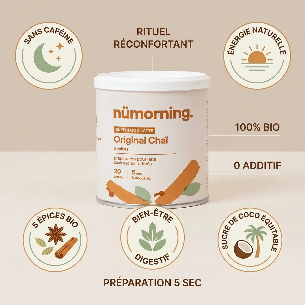 Chaï latte bio nüMorning 125g avec 5 épices et sucre de coco, sans caféine, énergie naturelle