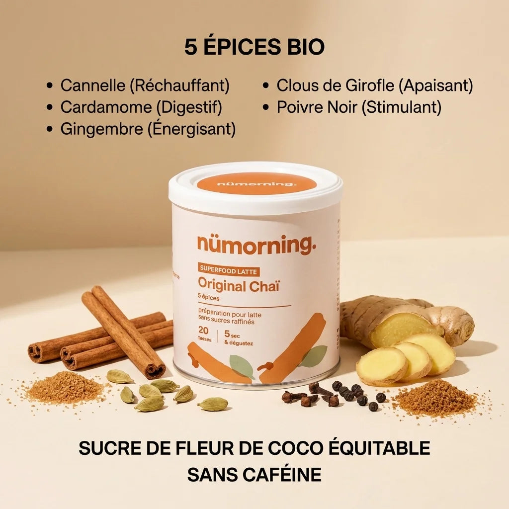nüMorning Chaï Latte bio 125g avec 5 épices, sucre de coco et ingrédients naturels