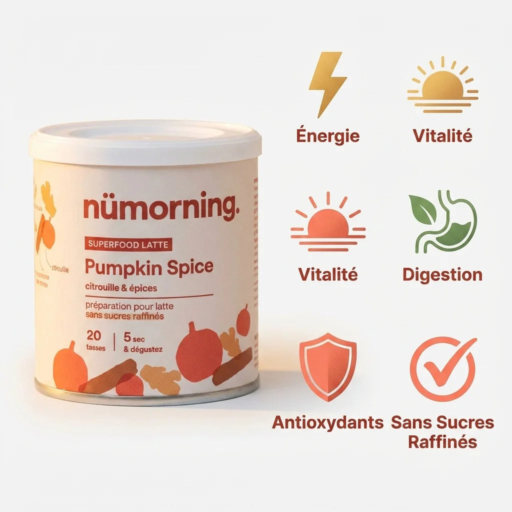 Pumpkin Spice Latte nüMorning 125g avec bénéfices: énergie, vitalité, digestion, antioxydants, sans sucres