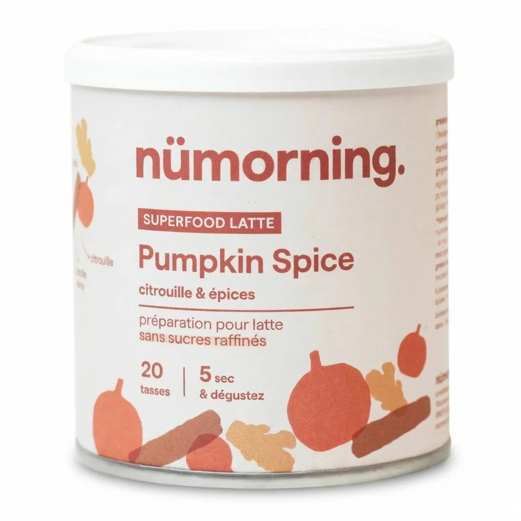 Poudre Pumpkin Spice Latte nüMorning 125g en pot blanc avec étiquette rouge sur fond blanc