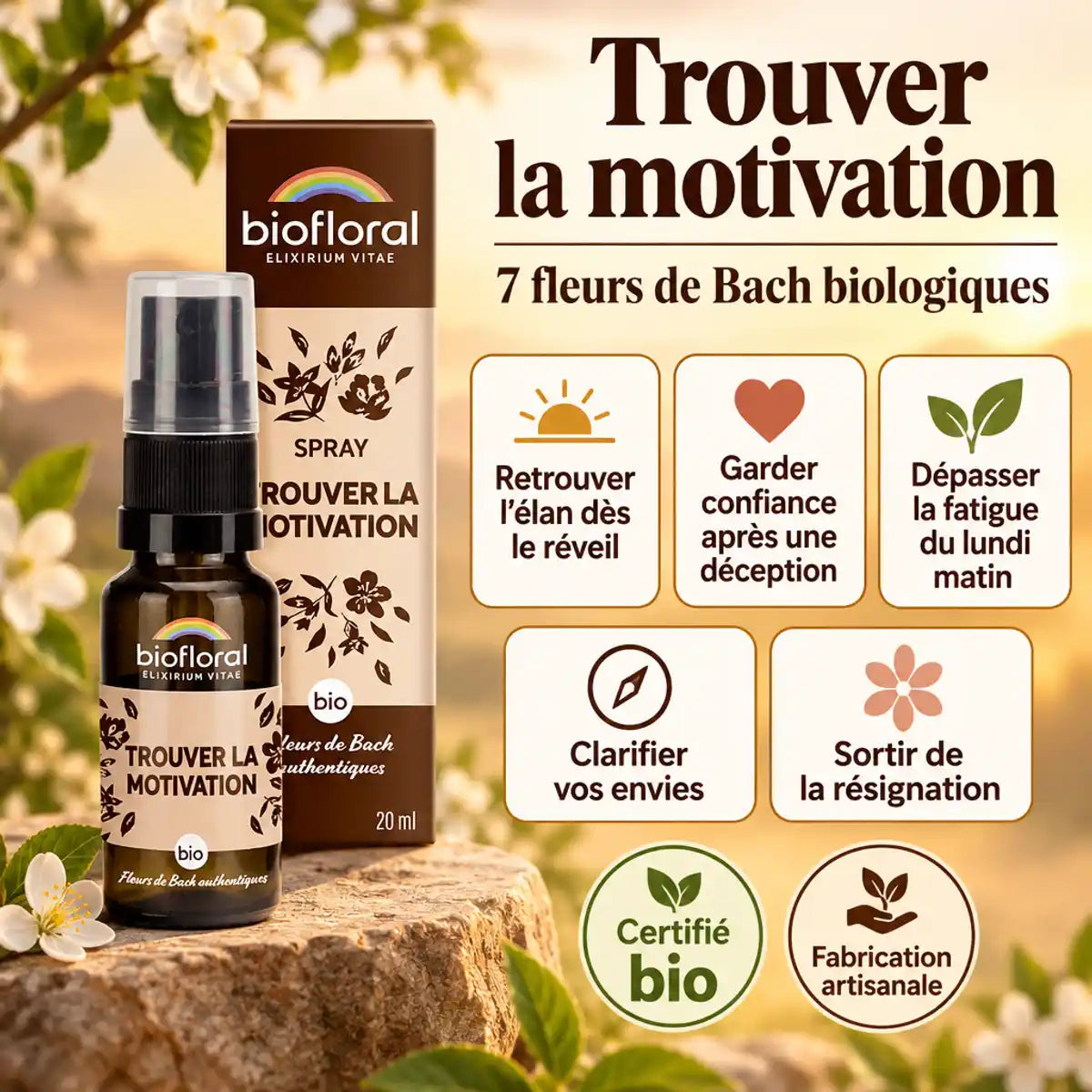 Spray Motivation Biofloral aux 7 fleurs de Bach biologiques, 20 ml, avec mentions Certifié bio et Fabrication artisanale