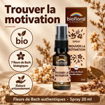 Spray Motivation bio Biofloral aux 7 fleurs de Bach biologiques, flacon de 20 ml et boîte en carton sur fond beige