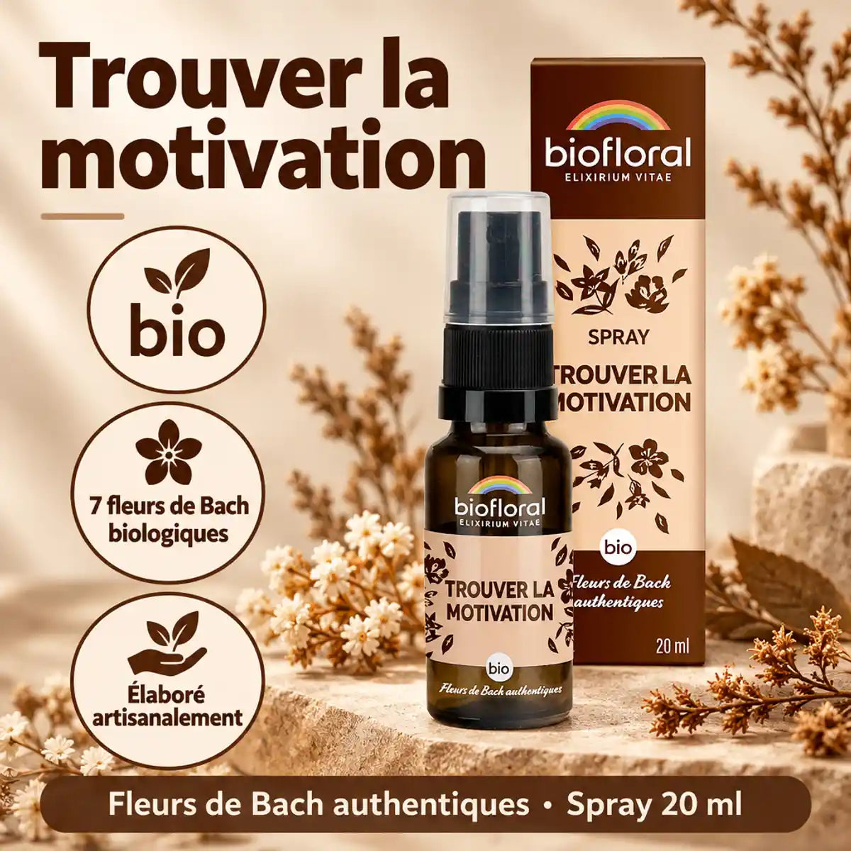 Spray Motivation bio Biofloral aux 7 fleurs de Bach biologiques, flacon de 20 ml et boîte en carton sur fond beige