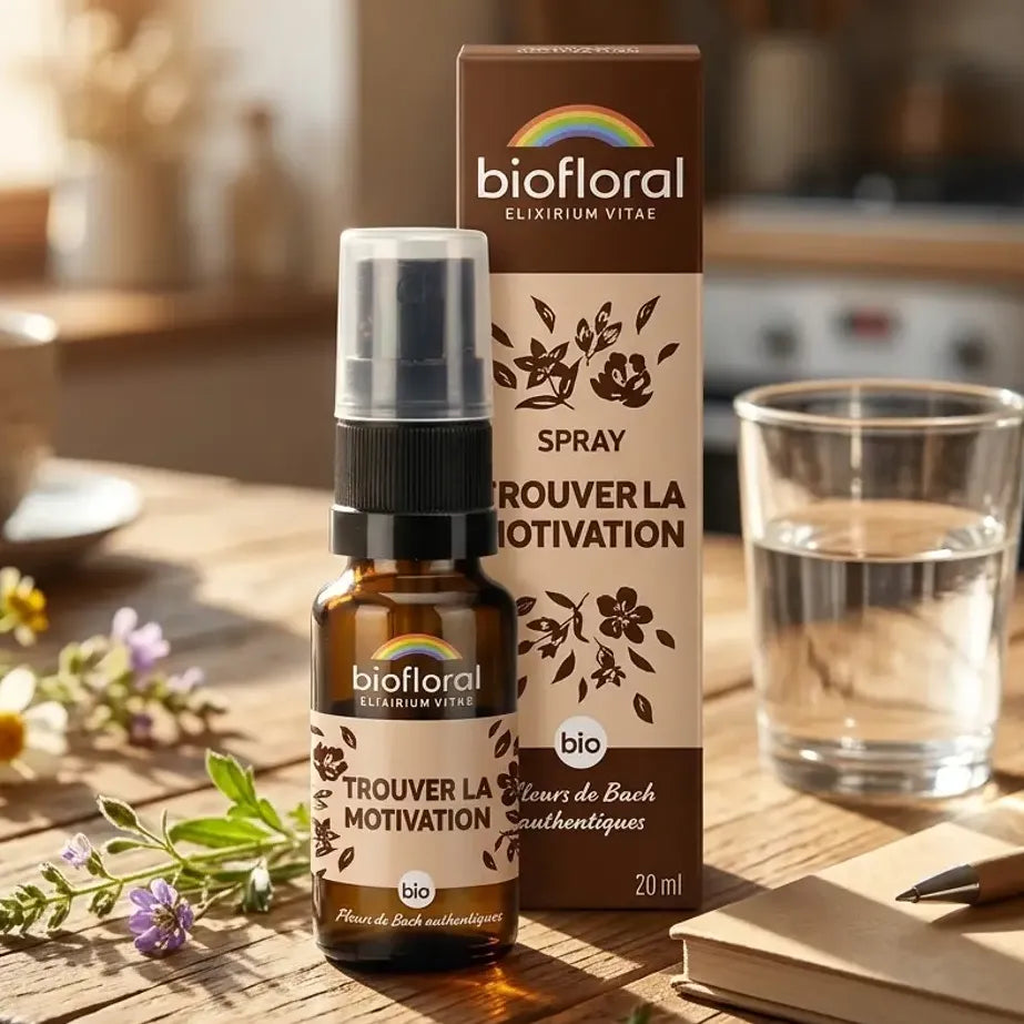 Spray Motivation Biofloral aux fleurs de Bach (20 ml) posé sur une table en bois, avec un verre d'eau, un carnet et des fleurs sauvages