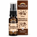 Flacon spray Biofloral "Trouver la motivation" 20 ml de fleurs de Bach bio, avec sa boîte en carton, sur fond blanc