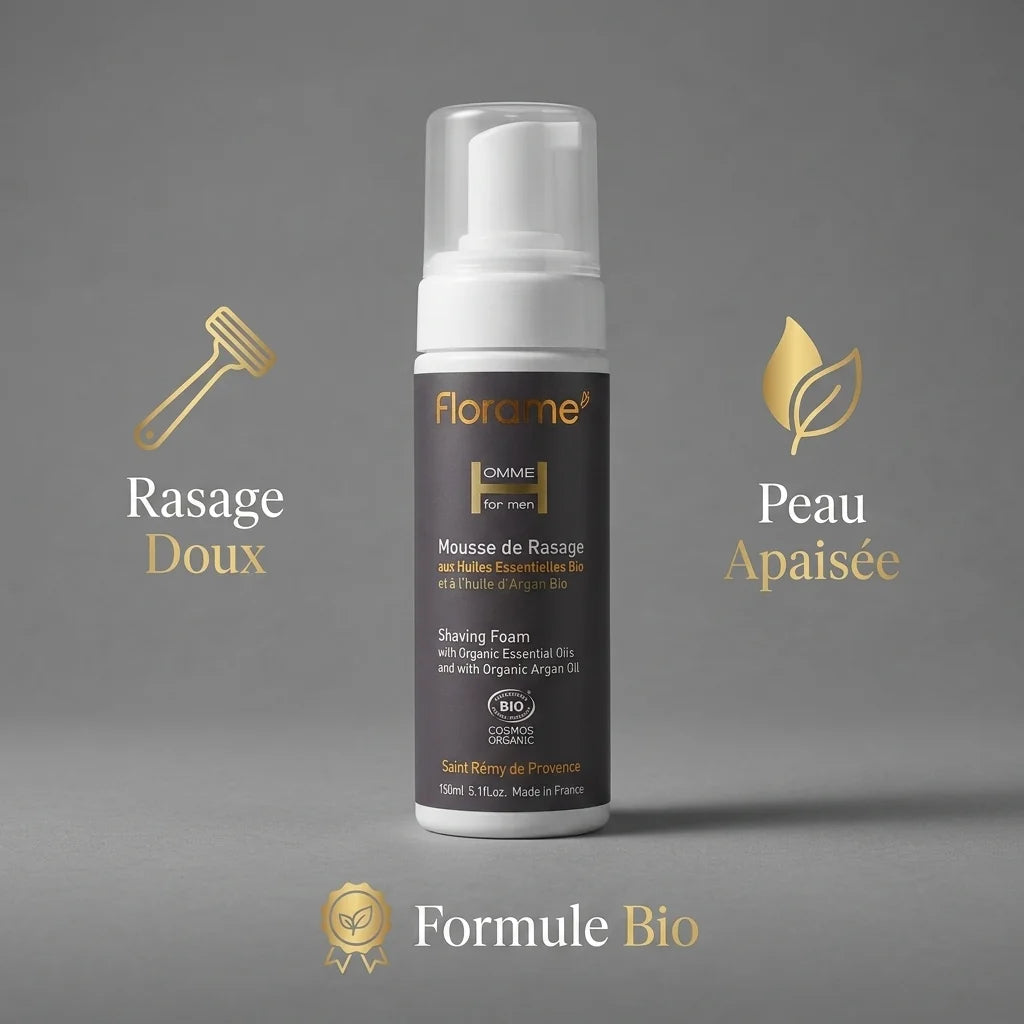 Mousse de rasage bio Florame 150ml avec bénéfices rasage doux, peau apaisée et formule bio
