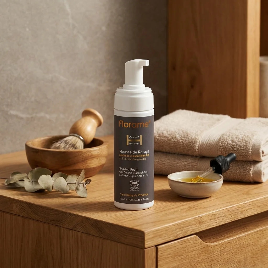 Mousse de rasage bio Florame 150ml sur vanité minimaliste avec accessoires naturels