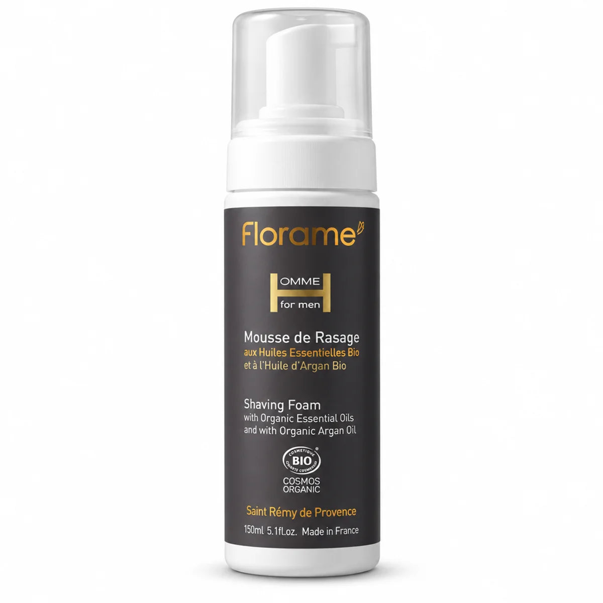 Mousse de rasage Florame Homme Bio 150 ml, flacon pompe à étiquette noire et dorée, certifiée COSMOS ORGANIC
