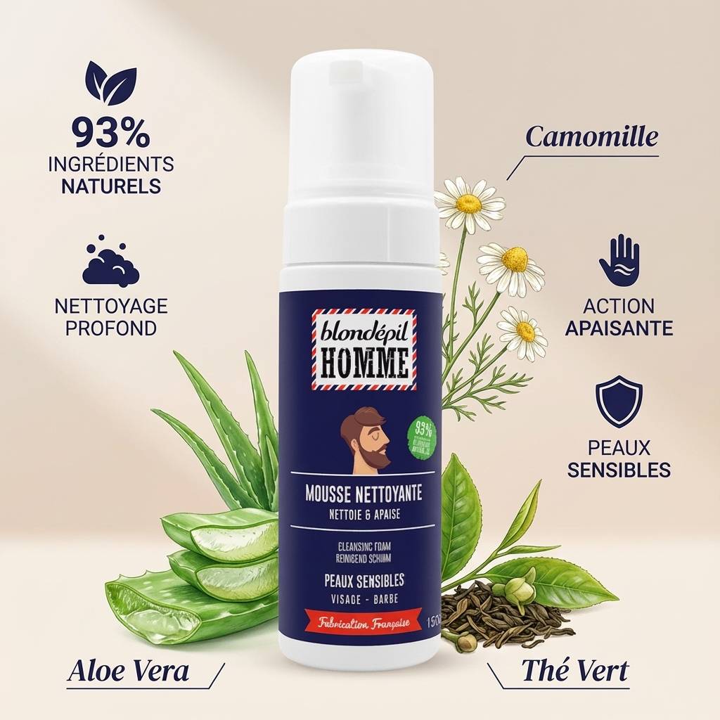 Mousse nettoyante Blondépil 150ml avec ingrédients naturels pour visage et barbe