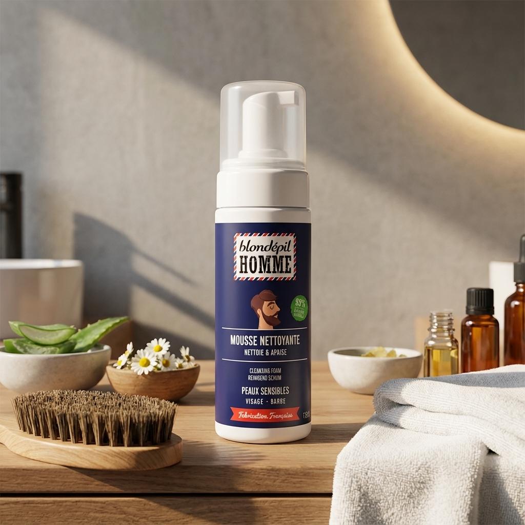 Mousse nettoyante visage et barbe Blondépil 150ml dans salle de bain moderne