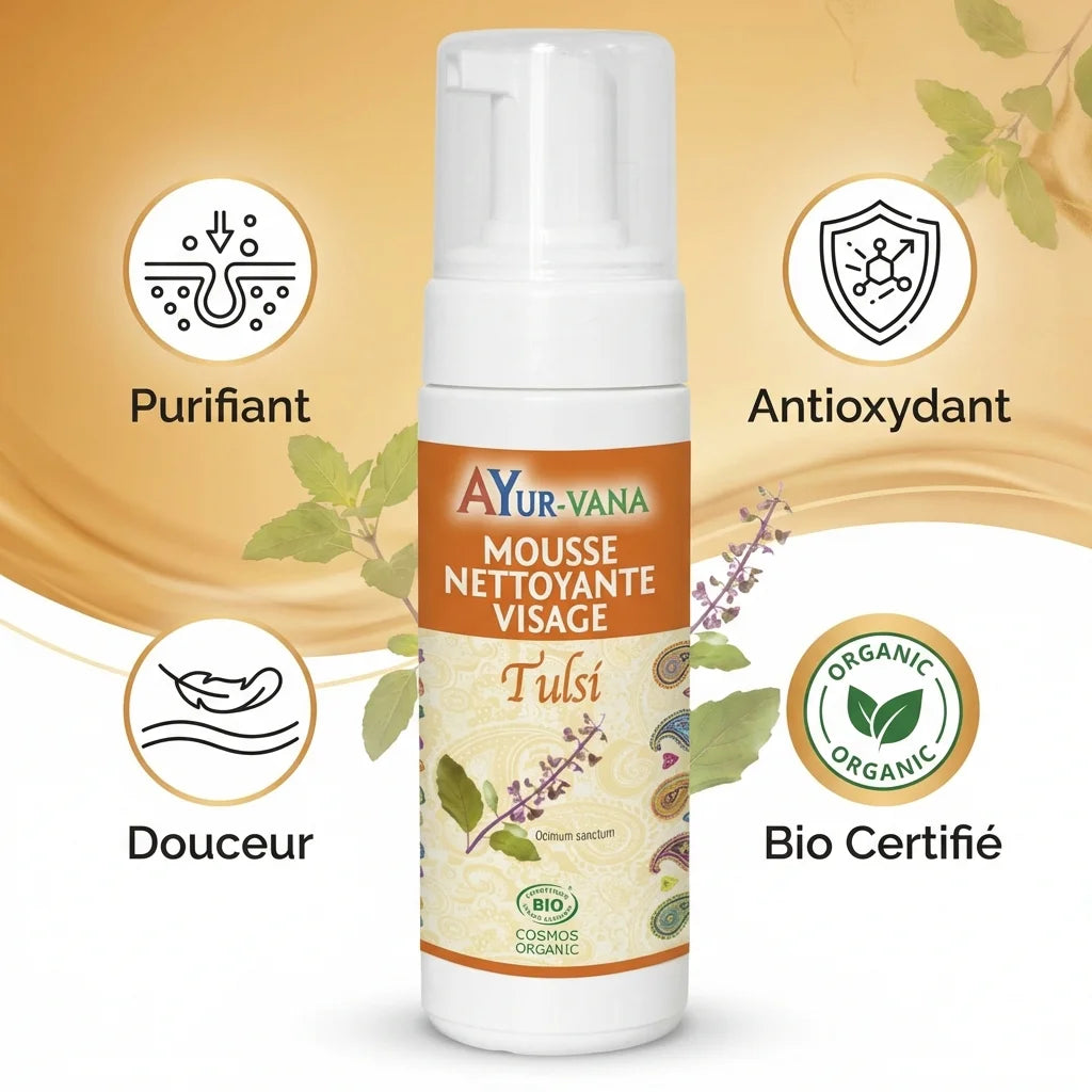 Mousse nettoyante Tulsi Ayur-Vana 150ml avec bénéfices purifiant, antioxydant et bio certifié