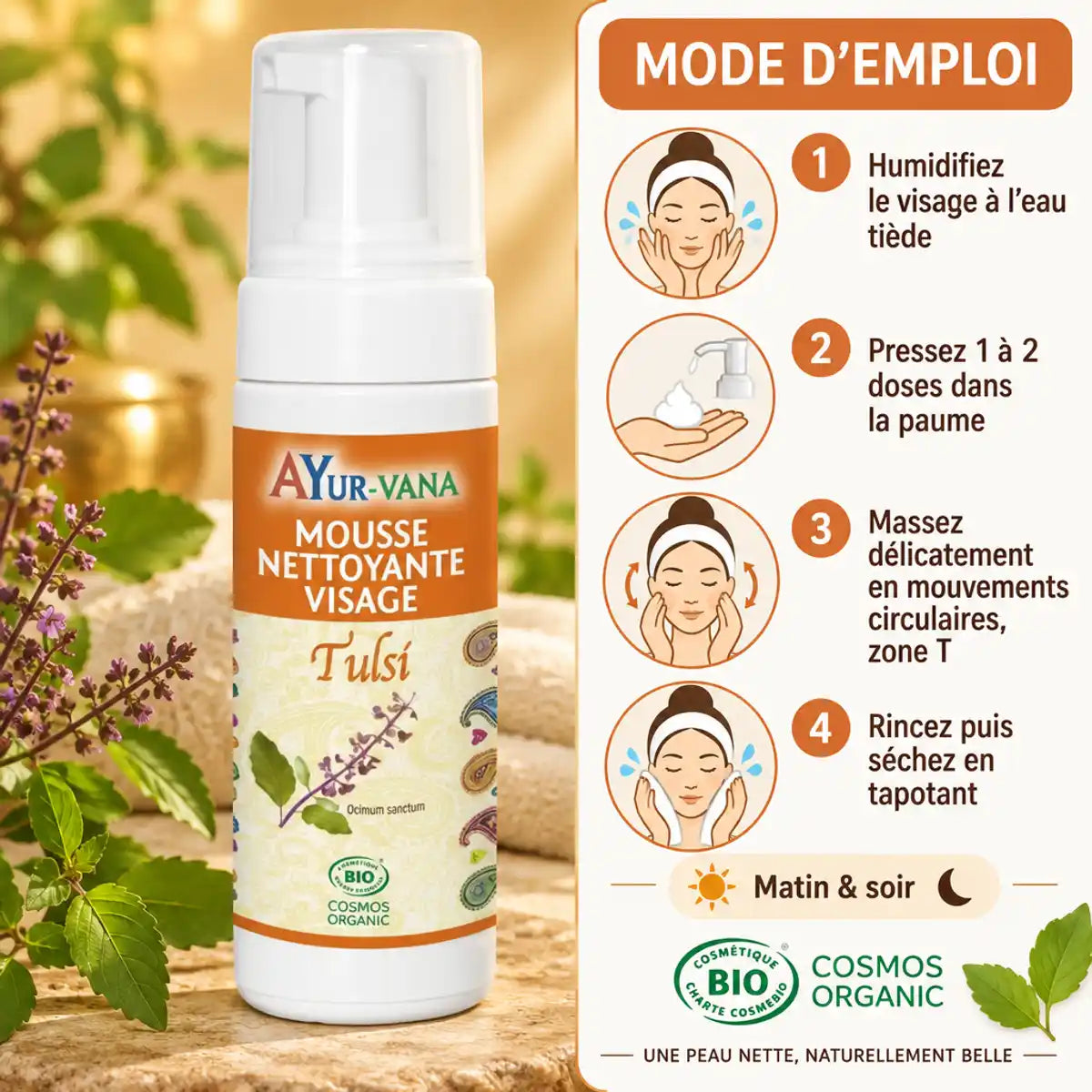 Mousse nettoyante visage Tulsi Ayur-Vana 150 ml en flacon à pompe, avec mode d'emploi en 4 étapes