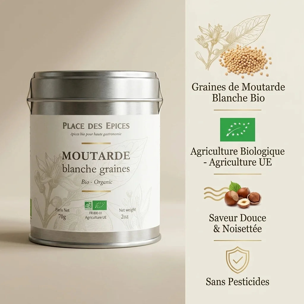 Moutarde Blanche Graine Bio 70g Place des épices avec infographie ingrédients et certifications biologiques