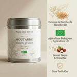 Moutarde Blanche Graine Bio 70g Place des épices avec infographie ingrédients et certifications biologiques