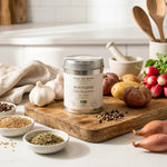 Moutarde blanche graine bio 70g Place des épices avec ingrédients et légumes frais