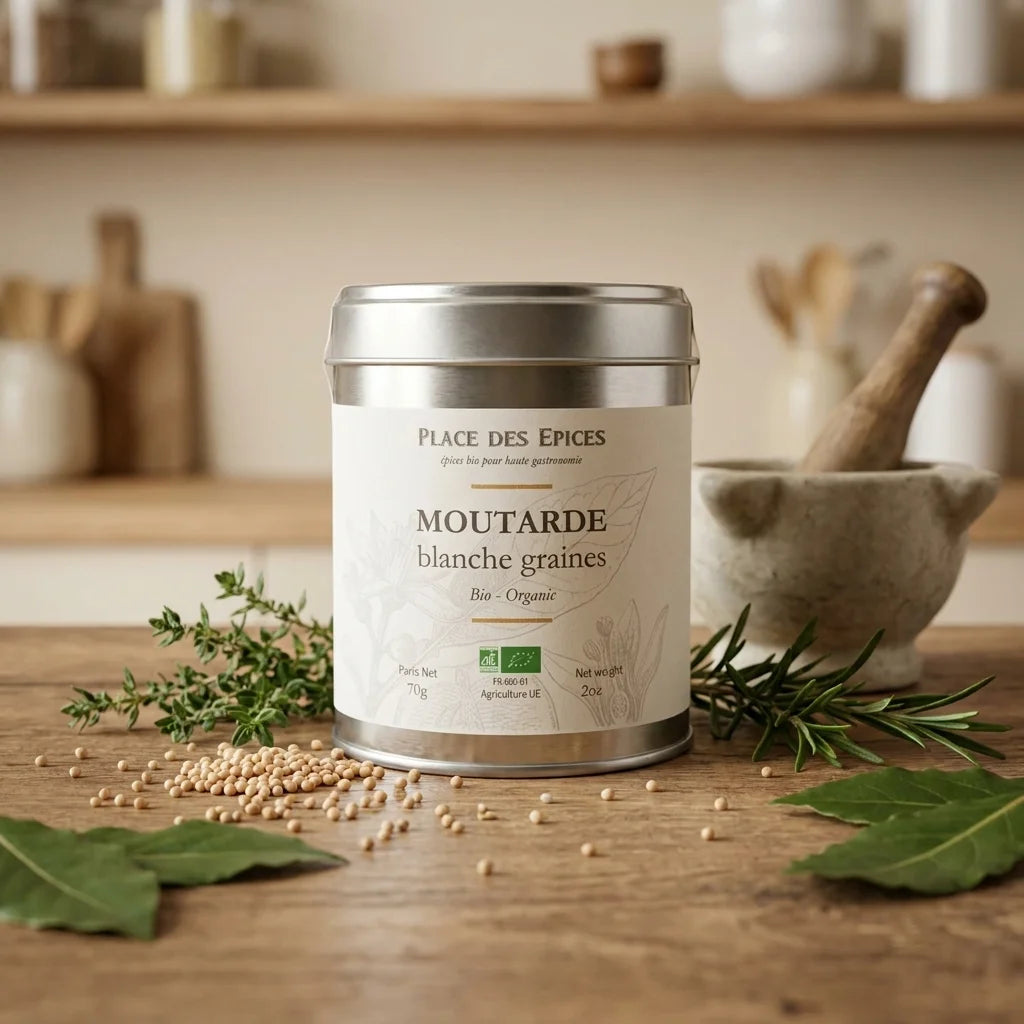 Moutarde blanche bio 70g Place des épices sur comptoir rustique avec herbes et mortier