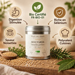 Moutarde blanche bio 70g Place des Épices avec bénéfices digestion et sélénium en infographie