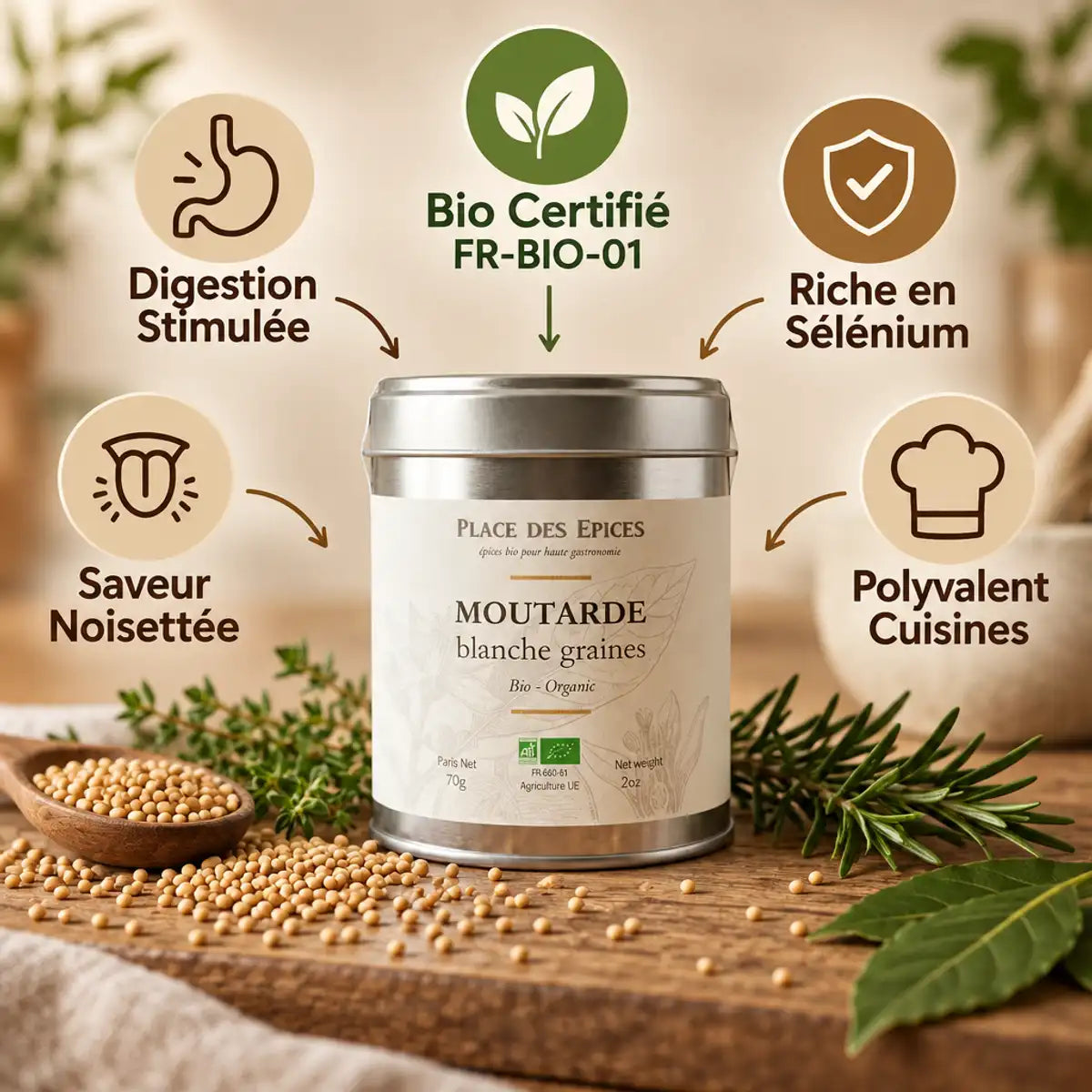 Moutarde blanche bio 70g Place des Épices avec bénéfices digestion et sélénium en infographie