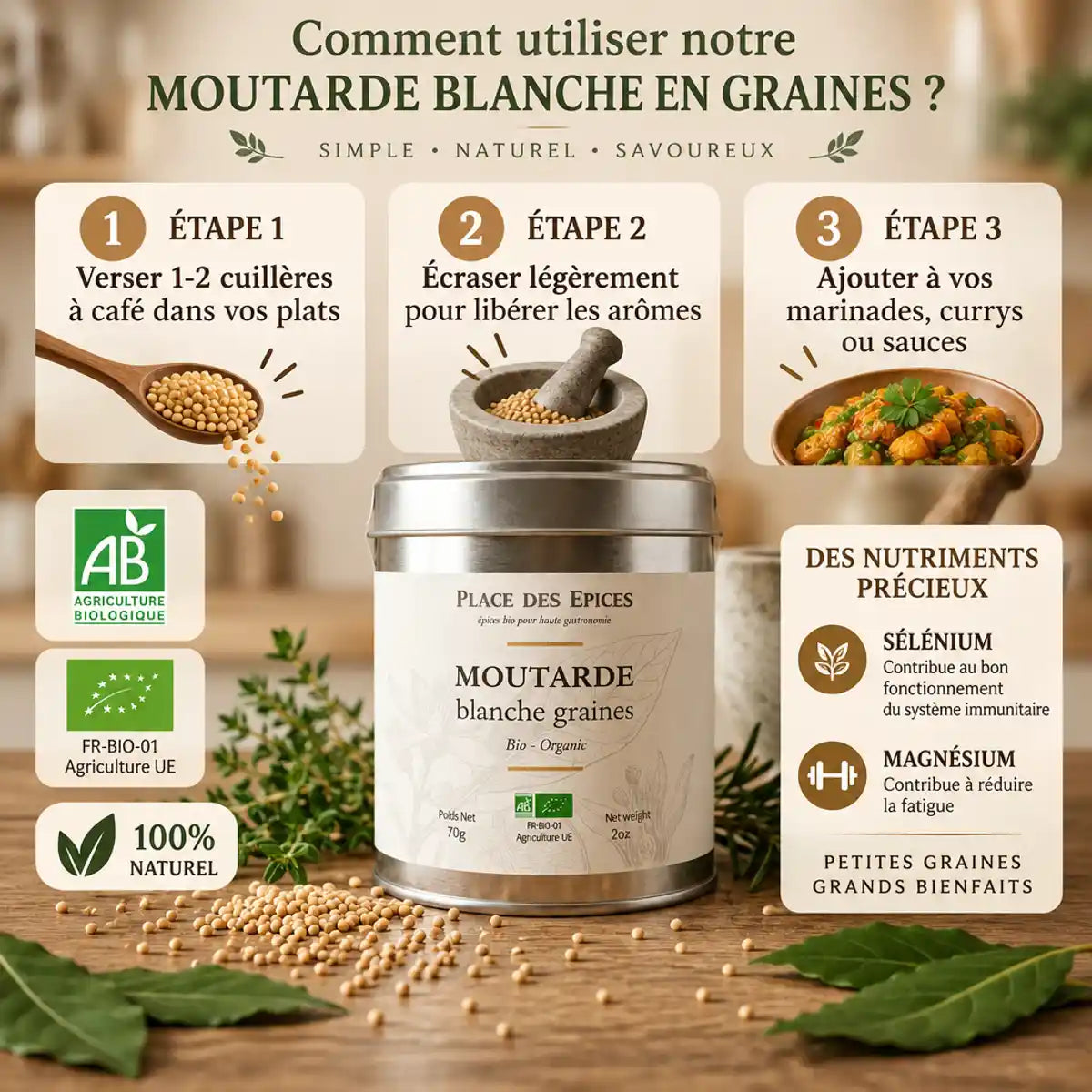 Moutarde Blanche Graines Bio 70g boîte métallique avec graines éparpillées, herbes et guide d'utilisation
