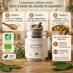 Moutarde Blanche Graines Bio 70g boîte métallique avec graines éparpillées, herbes et guide d'utilisation
