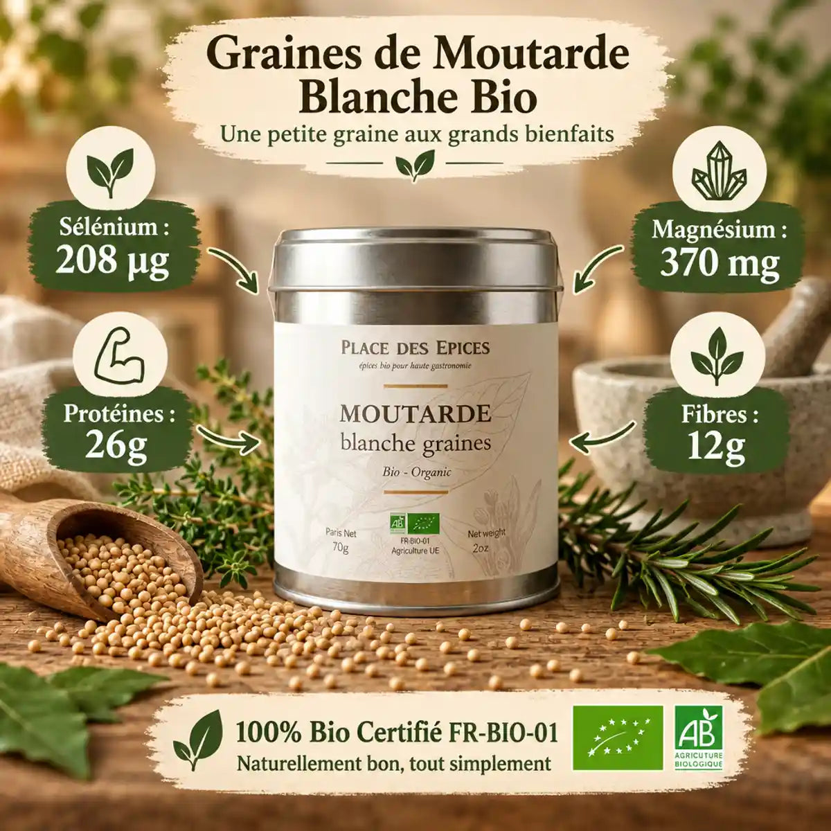 Graines de moutarde blanche bio 70g Place des épices avec valeurs nutritionnelles sur emballage métallique