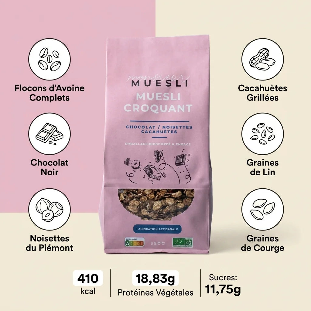 Muesli Chocolat Noisettes Cacahuètes Bio 350g Monsieur Muesli avec ingrédients et infos nutritionnelles