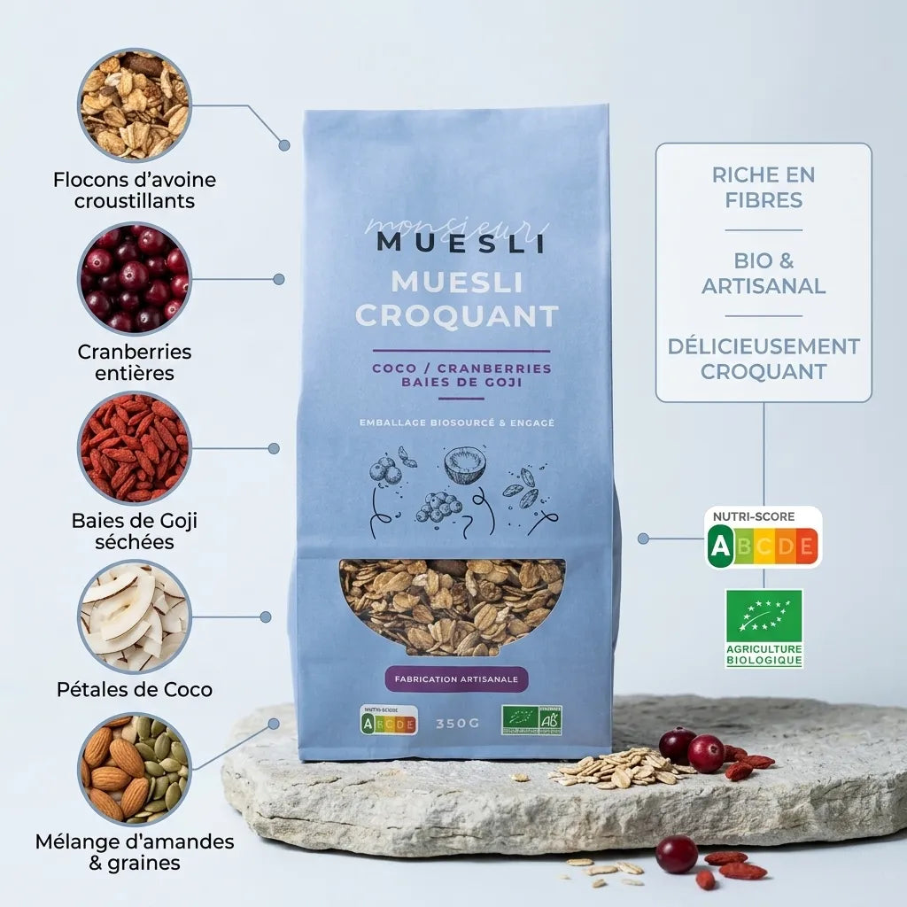 Muesli Coco Cranberry Goji Bio 350g avec ingrédients biologiques: noix de coco, cranberries, baies de goji