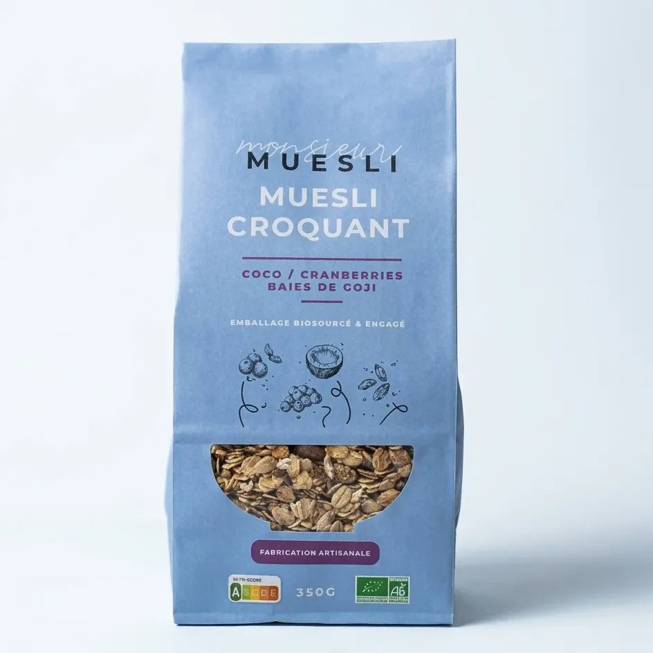 Boîte Muesli Coco Cranberry Goji Bio 350g Monsieur Muesli sur fond blanc