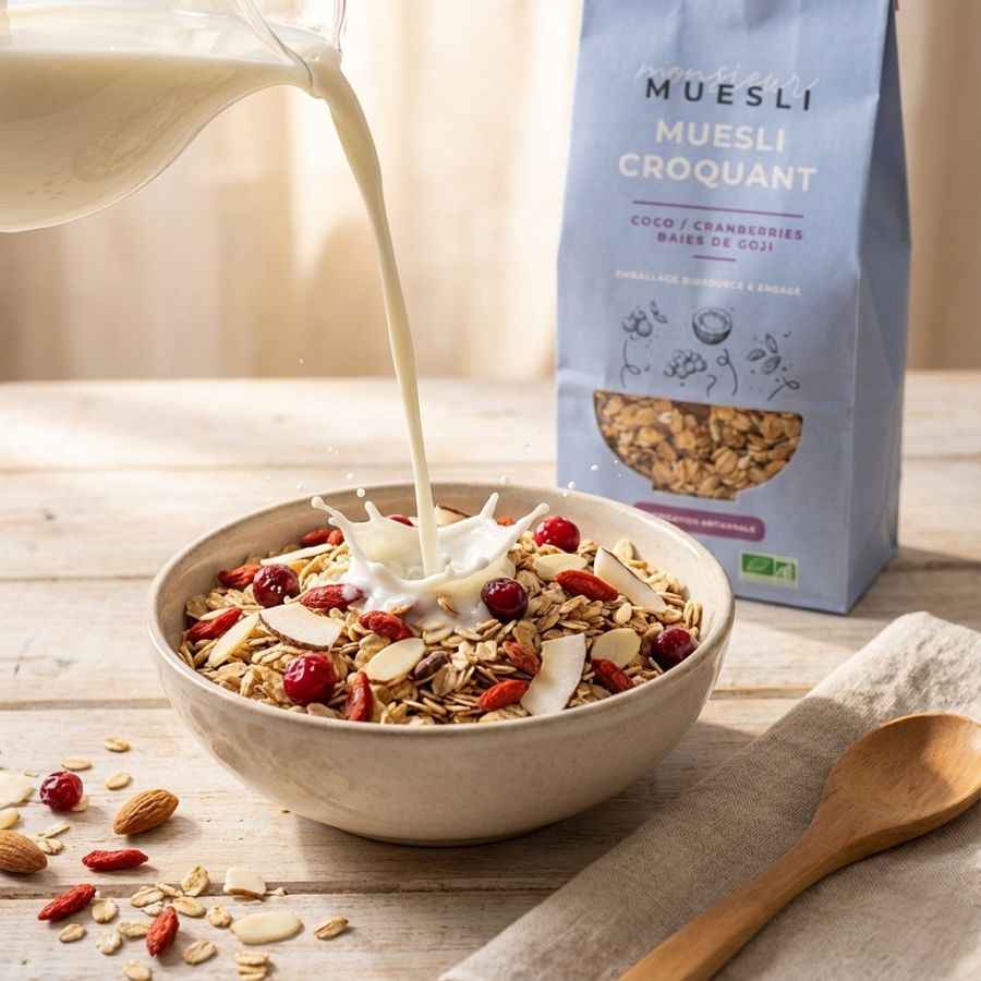 un bol de muesli croquant avec du lait
