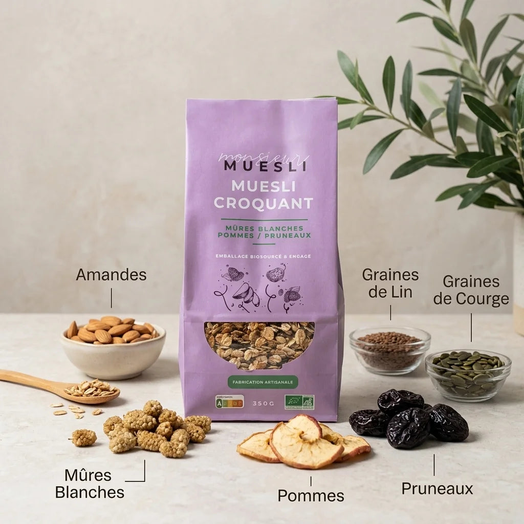 Muesli Multifruits Bio 350g avec ingrédients naturels : mûres, pommes, amandes et graines
