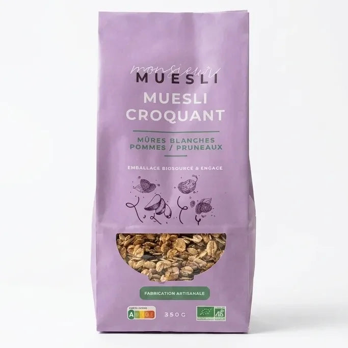 Muesli Multifruits Bio 350g Monsieur Muesli emballage violet sur fond blanc