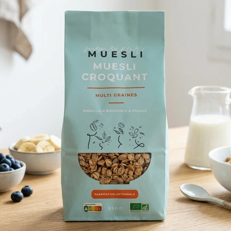 Muesli Nature Bio 350g Monsieur Muesli avec fruits frais sur table en bois
