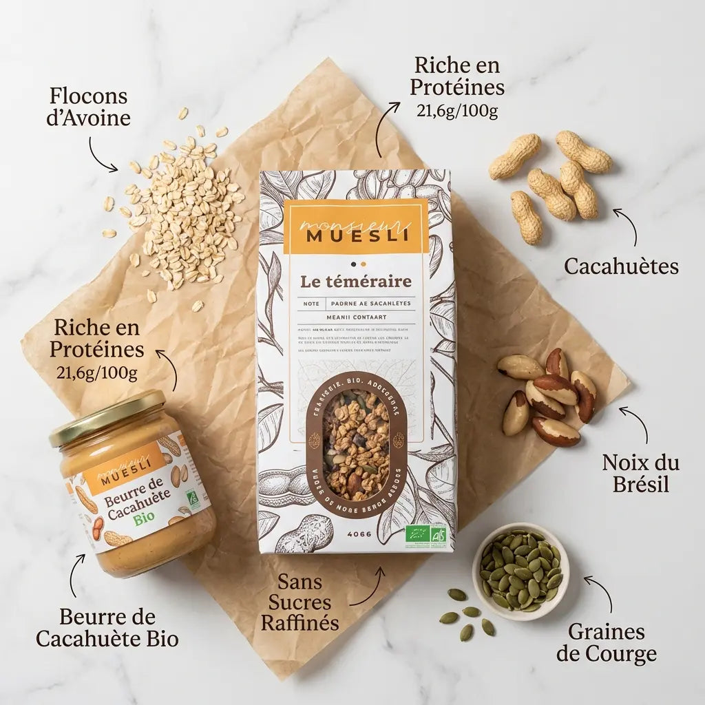 Muesli Noix et Beurre de Cacahuète Bio Monsieur Muesli 400g avec ingrédients dispersés