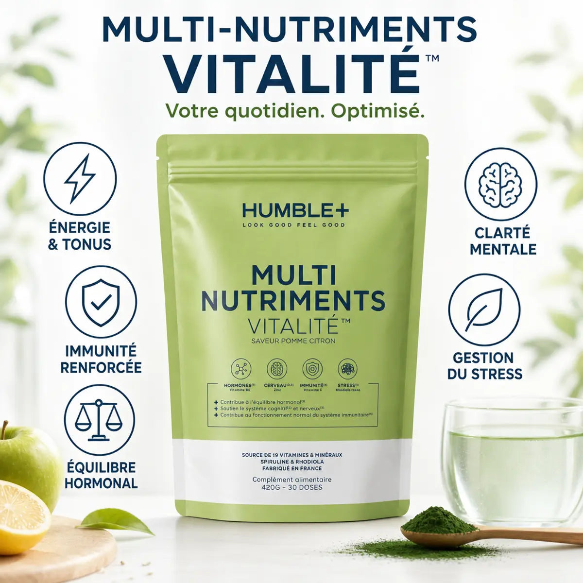 Humble+ Multi-Nutriments Vitalité 420g pomme-citron avec icônes bénéfices énergie immunité stress