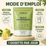 Humble+ Multi-Nutriments Vitalité 420g saveur Pomme-Citron avec instructions d'utilisation et dosage