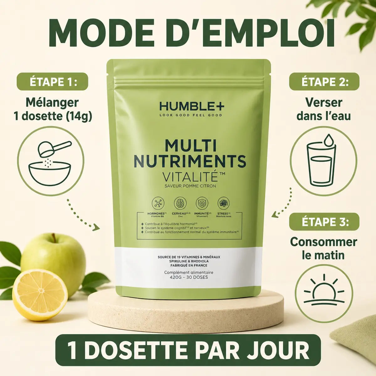 Humble+ Multi-Nutriments Vitalité 420g saveur Pomme-Citron avec instructions d'utilisation et dosage
