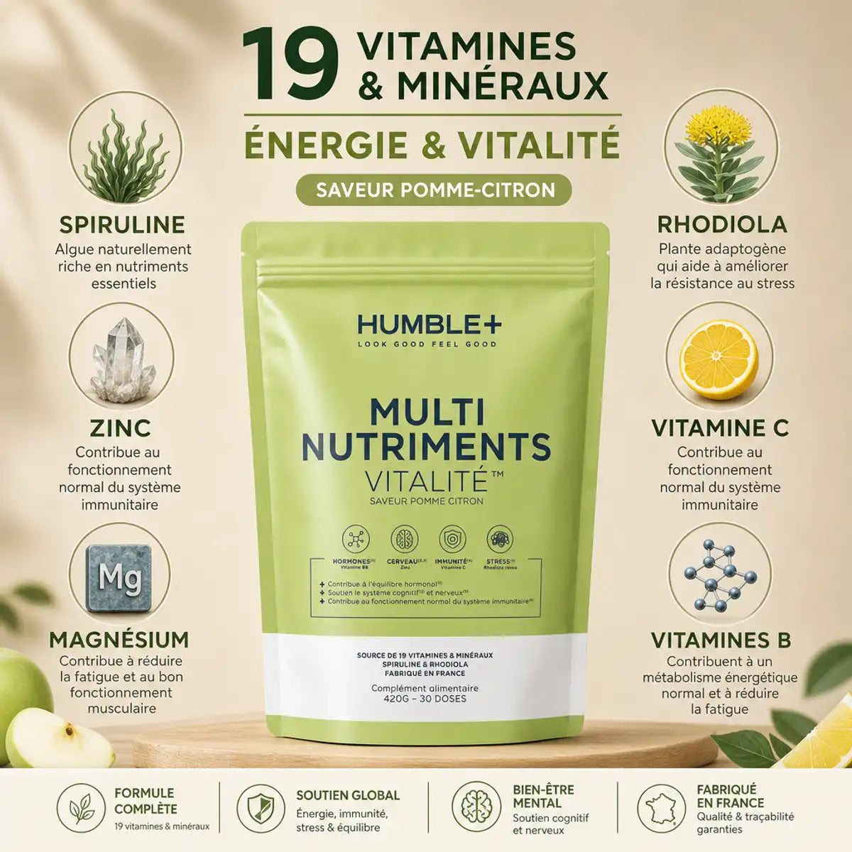 Humble+ Multi-Nutriments Vitalité 420g pomme-citron avec infographie ingrédients et 19 vitamines minéraux