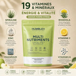 Humble+ Multi-Nutriments Vitalité 420g pomme-citron avec infographie ingrédients et 19 vitamines minéraux