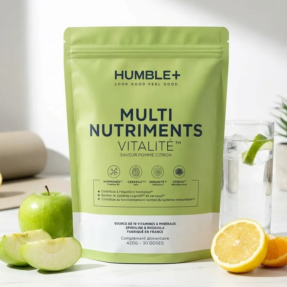 Humble+ Multi-Nutriments Vitalité 420g saveur Pomme-Citron avec fruits frais et verre d'eau